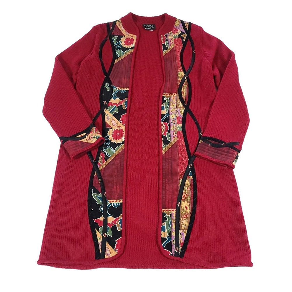 Asian Quilted Knit Sweater Cardigan Koos Of Course! XL Red floral art to wear